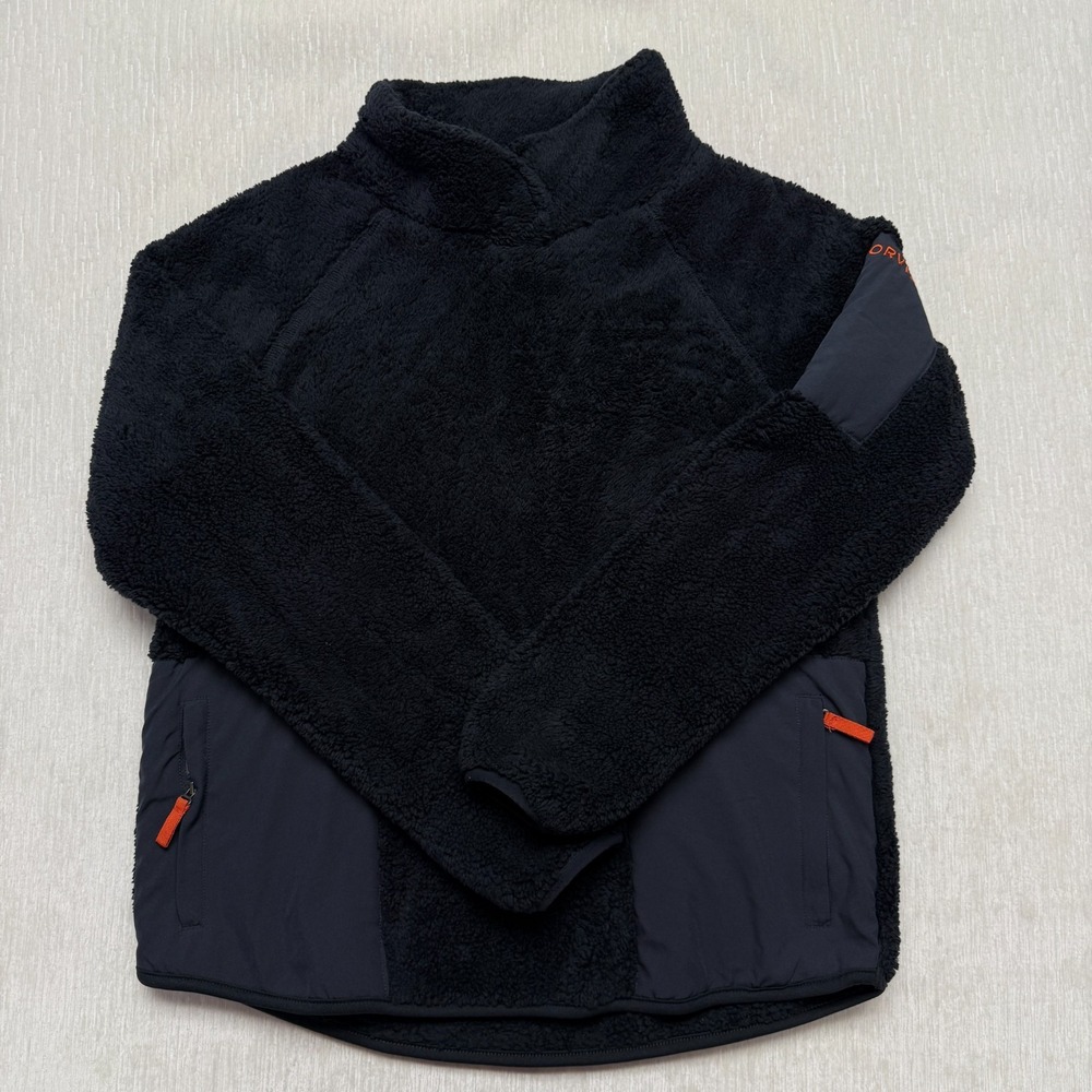 Orvis Sweatshirt Womens XS Black Sherpa Fleece Pullover Soft Plush Arm Pocket